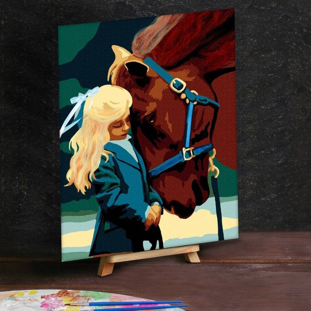 картинка Картина по номерам "Лошадь и девочка" с дополнительными элементами 30*40